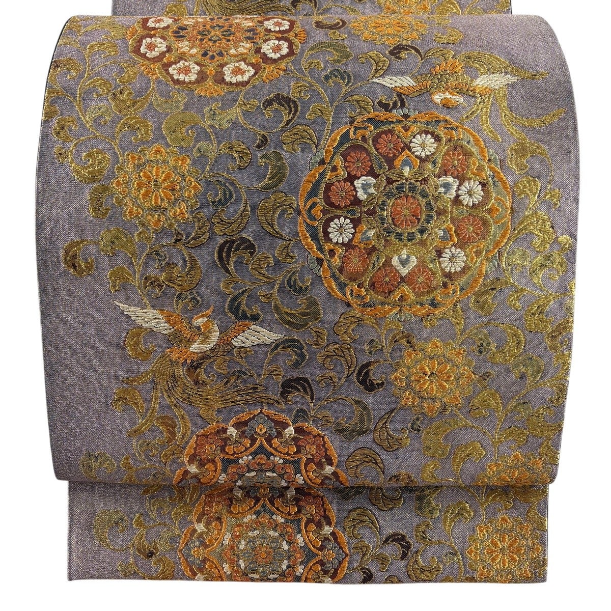 美品】 袋帯 秀品 華文 鳳凰 金糸 箔 薄紫 六通 正絹｜中古・古着
