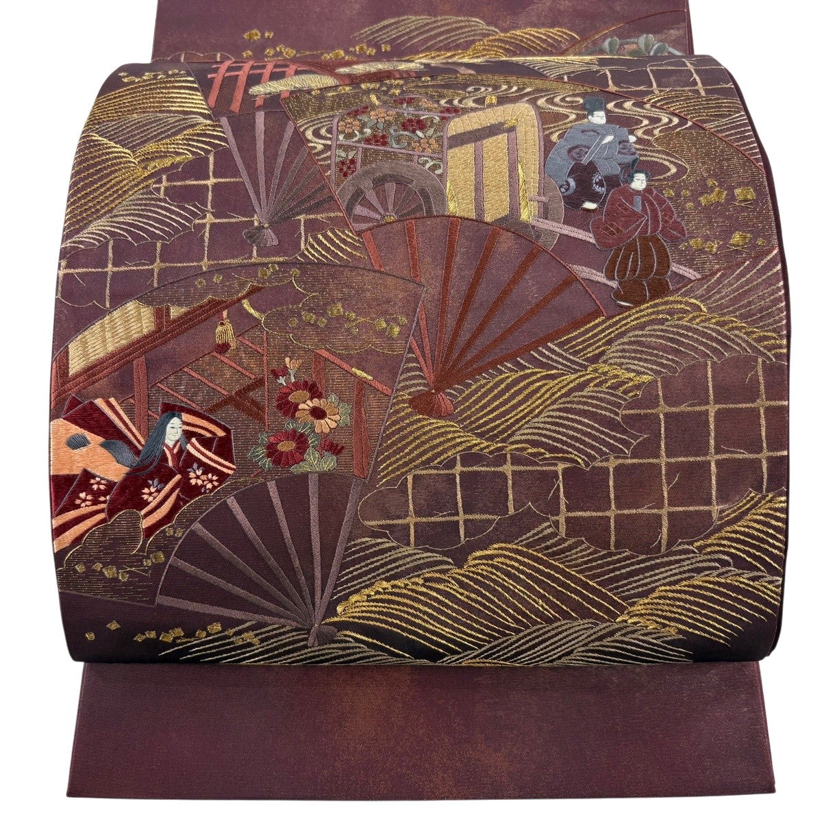 袋帯 秀品 扇 人物 刺繍 金糸 えんじ色 お太鼓柄 正絹｜中古・古着