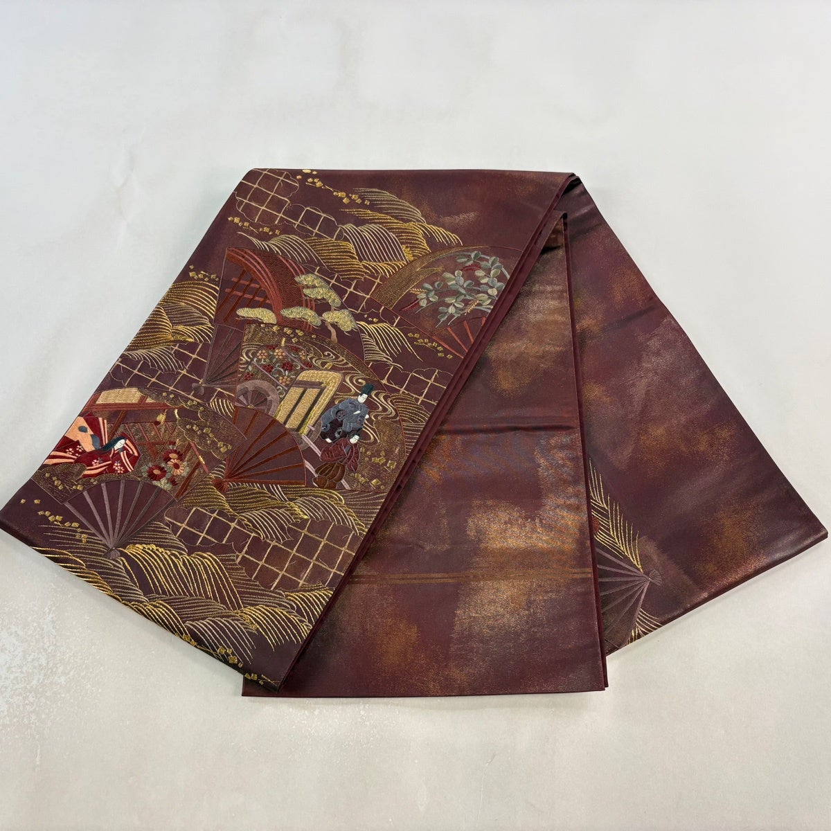 袋帯 秀品 扇 人物 刺繍 金糸 えんじ色 お太鼓柄 正絹｜中古・古着
