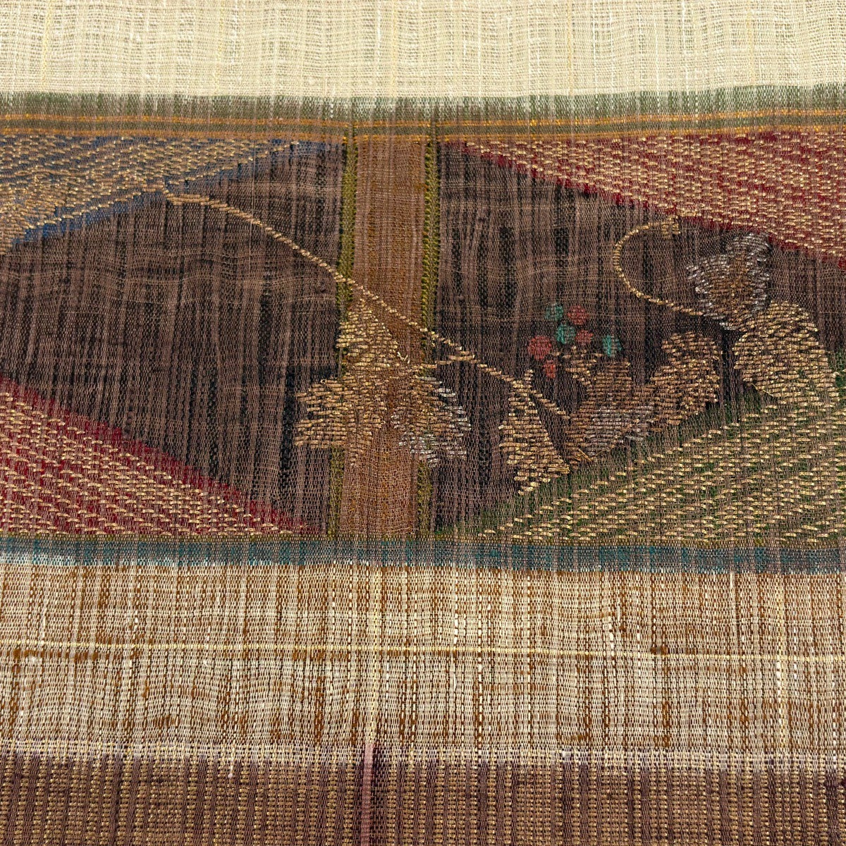 ゆりのはな　未使用品　袋帯　鳳凰　刺繍入り　お太鼓柄　茶色系　正絹　C406 袋帯 秀品 落款あり 夏帯 葉と実 縞 金銀糸 薄茶色 お太鼓柄 正絹