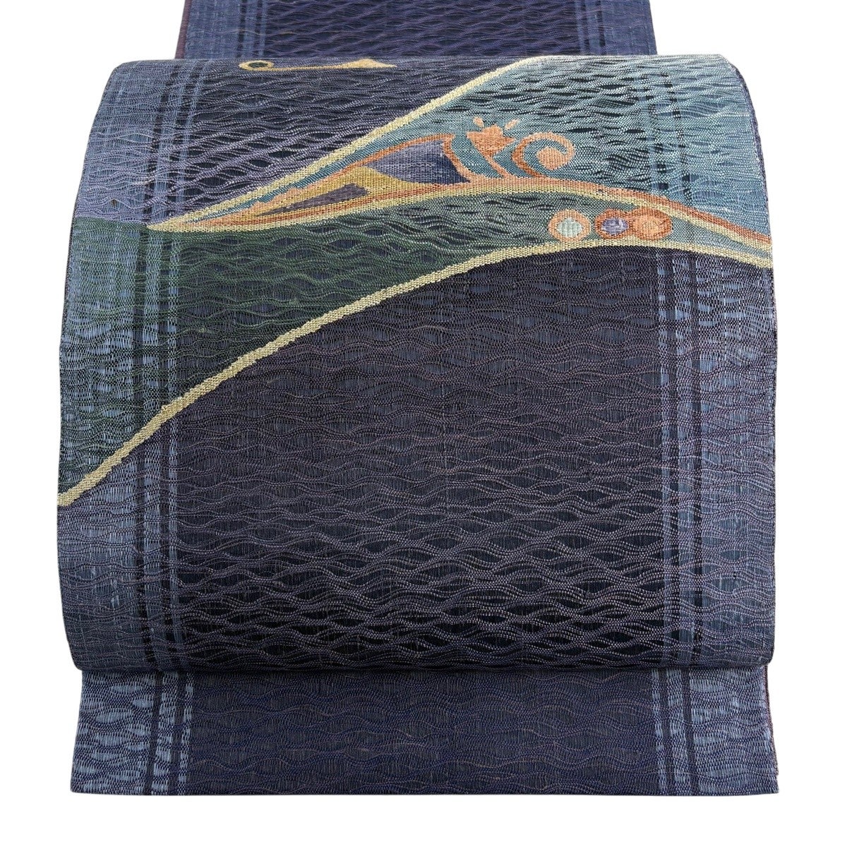 美品】 袋帯 秀品 幾何学模様 金糸 青紫 お太鼓柄 正絹｜中古・古着