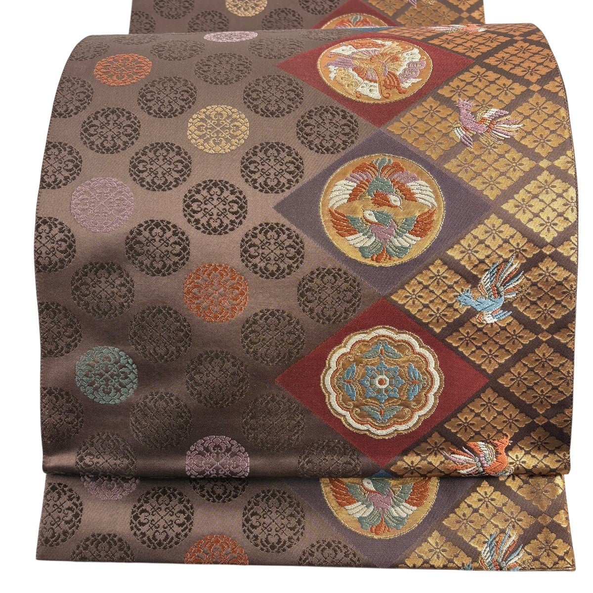 美品】 袋帯 秀品 蝶 花鳥 金糸 箔 茶色 お太鼓柄 正絹｜中古・古着