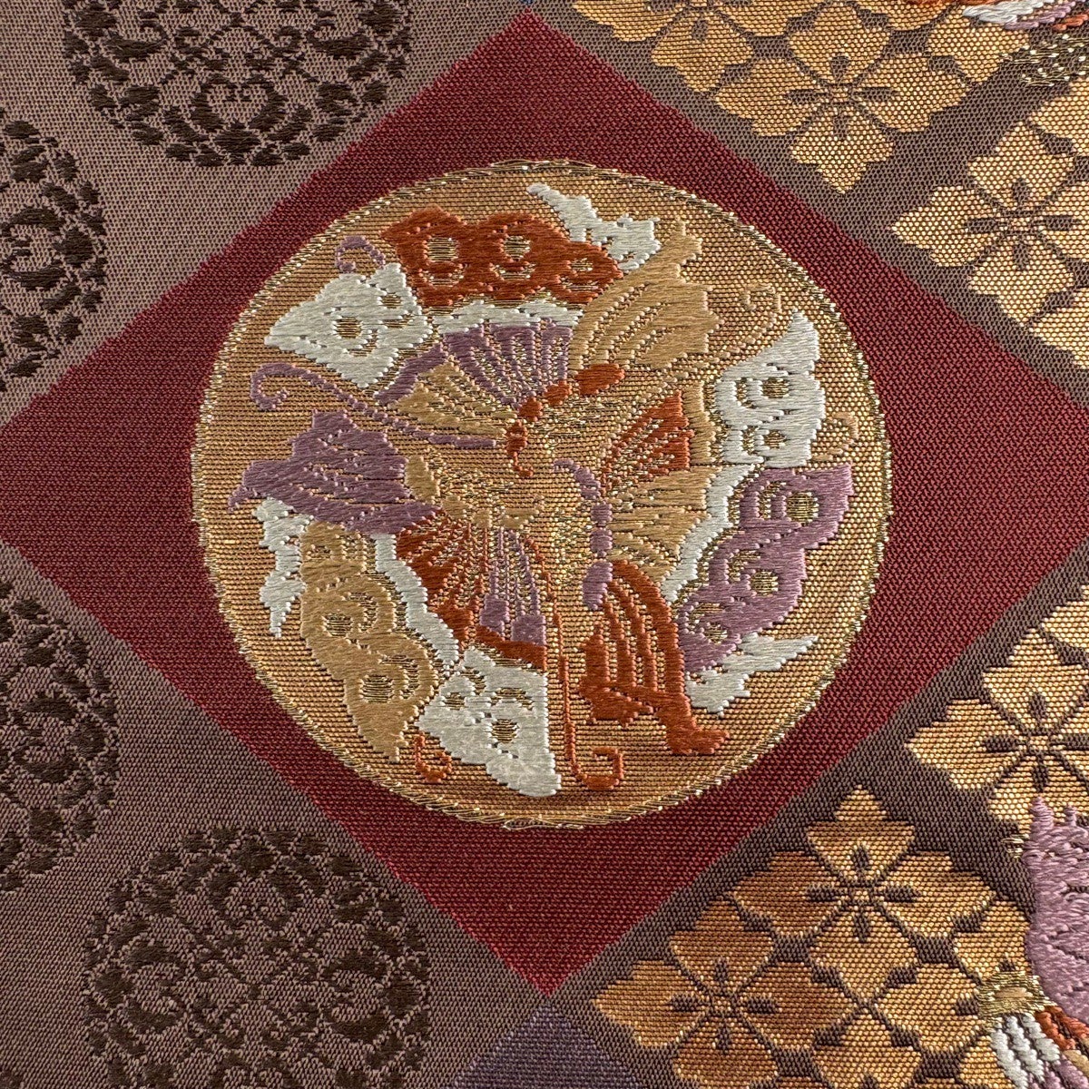 美品】 袋帯 秀品 蝶 花鳥 金糸 箔 茶色 お太鼓柄 正絹｜中古・古着