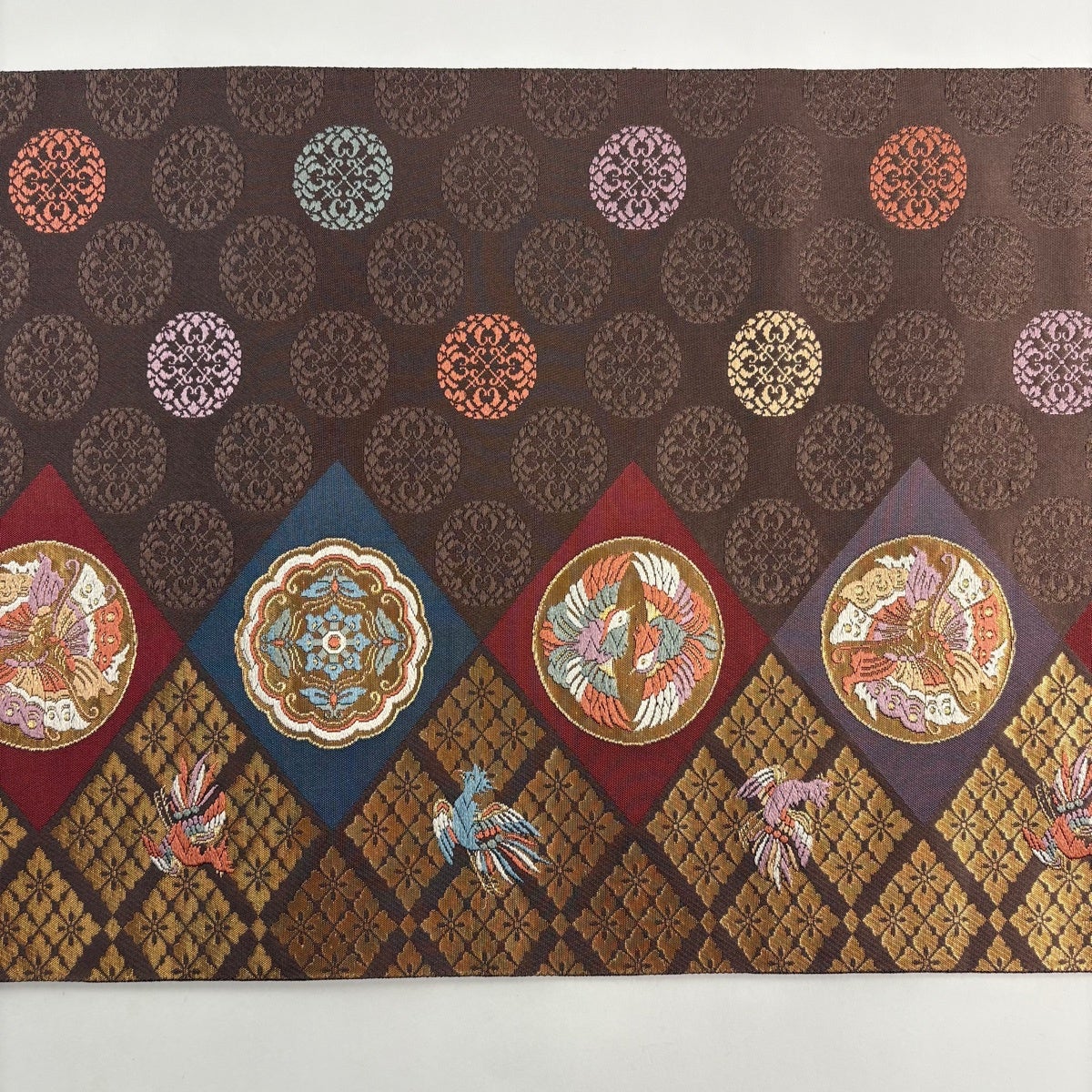 美品】 袋帯 秀品 蝶 花鳥 金糸 箔 茶色 お太鼓柄 正絹｜中古・古着