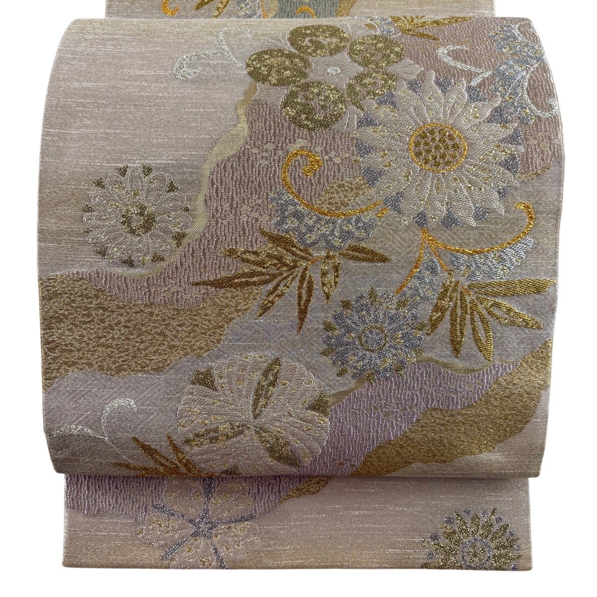 美品】 袋帯 秀品 草花 箔 金銀糸 ベージュ 六通 正絹｜中古・古着