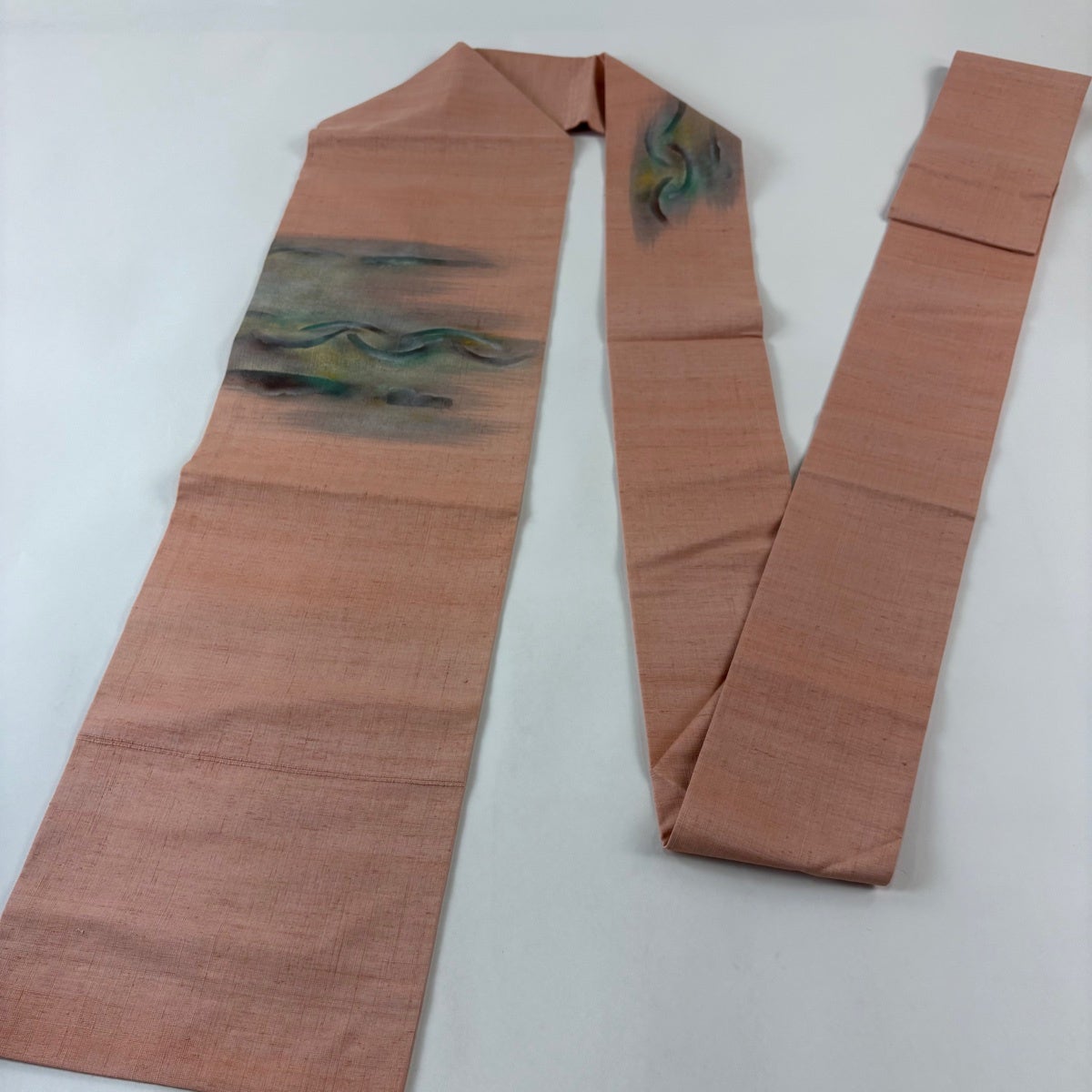 美品】 名古屋帯 秀品 紬地 幾何学 霞 金銀彩 ピンクベージュ 正絹