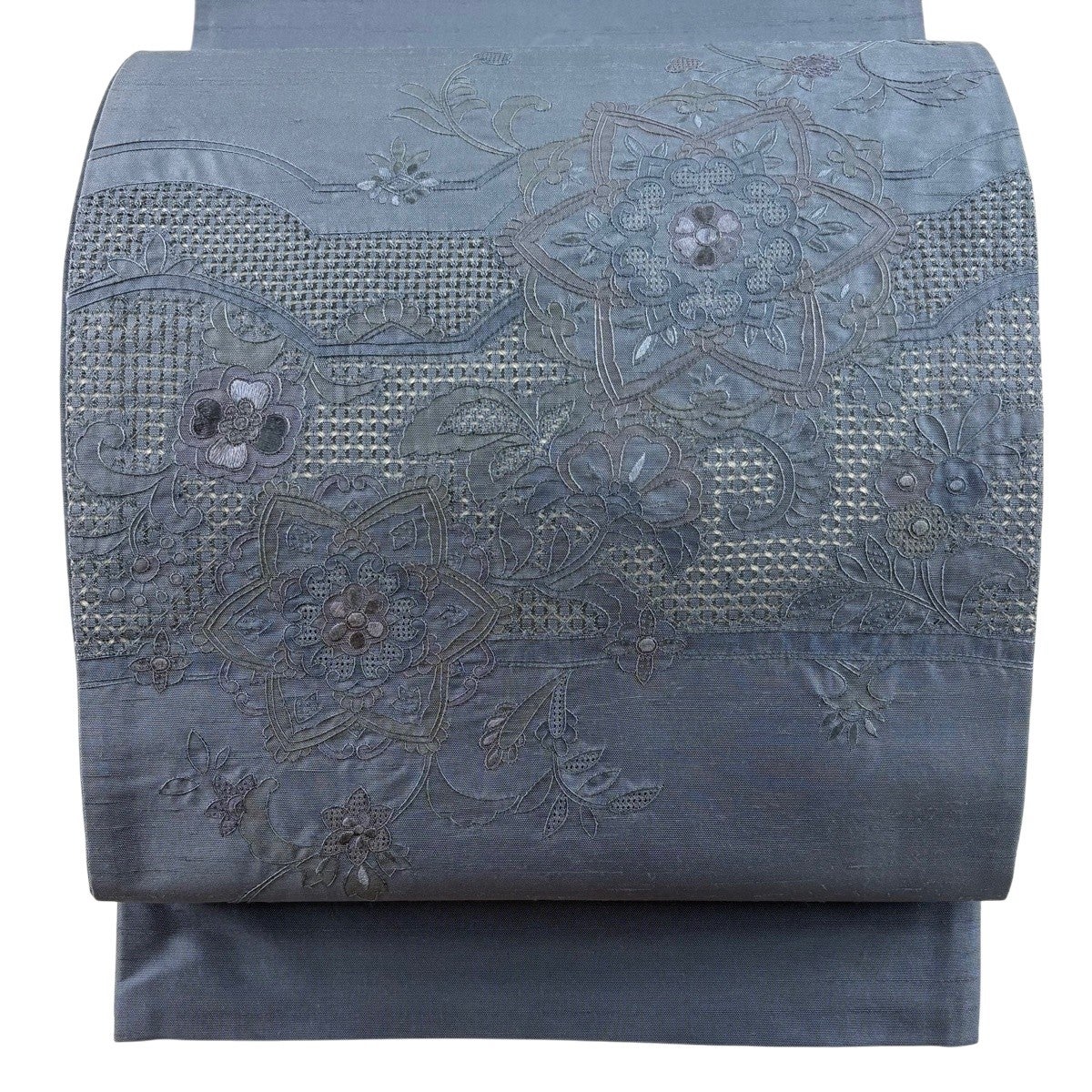 袋帯 秀品 華文 花唐草 蘇州刺繍 青灰色 お太鼓柄 正絹｜中古・古着