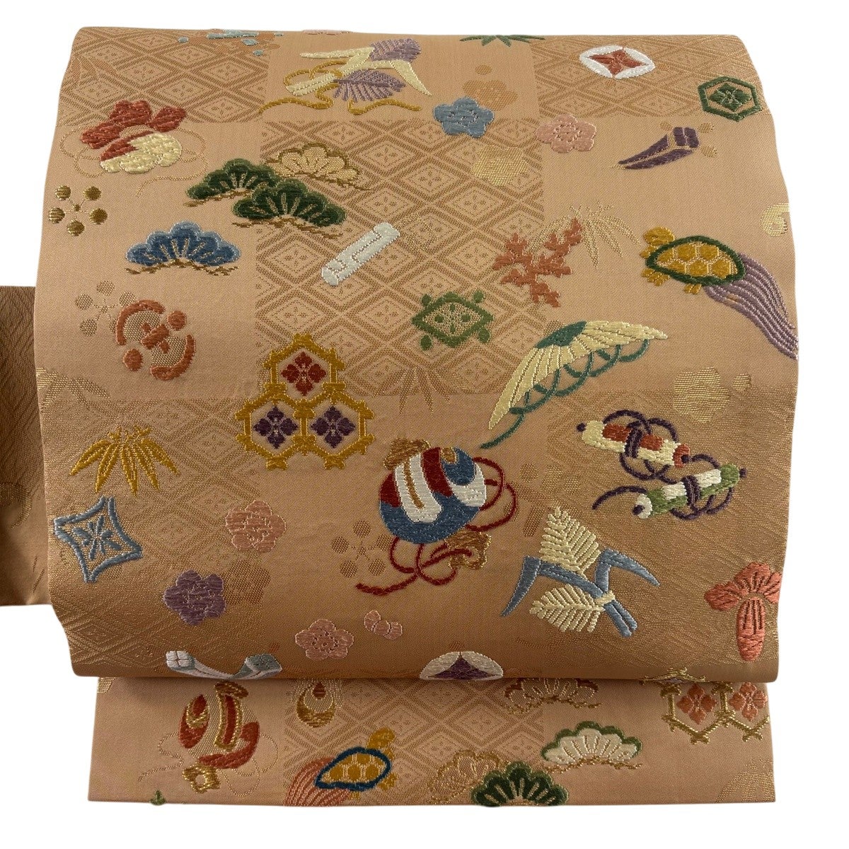 名古屋帯　薄ベージュに手鞠　唐織 美品】 名古屋帯 秀品 松竹梅 宝尽くし 箔 唐織 ベージュ 正絹｜中古