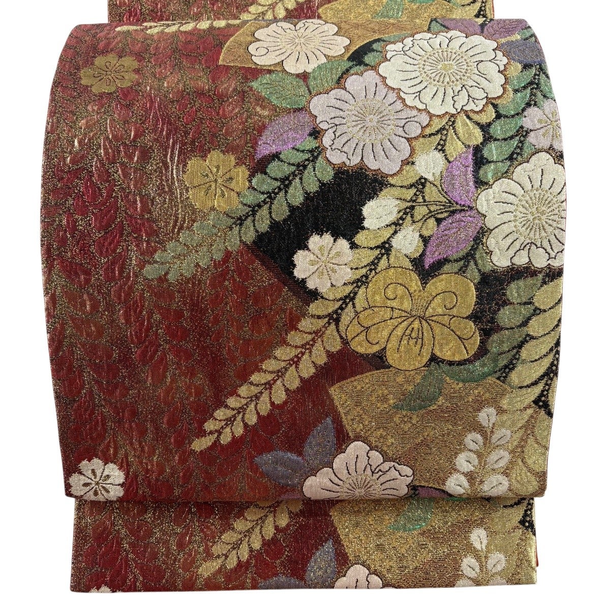 美品】 袋帯 秀品 辻が花柄 扇面 箔 金糸 茜色 六通 正絹｜中古・古着