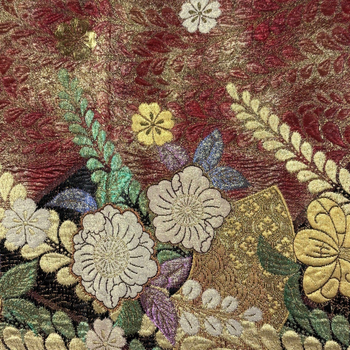 美品】 袋帯 秀品 辻が花柄 扇面 箔 金糸 茜色 六通 正絹｜中古・古着