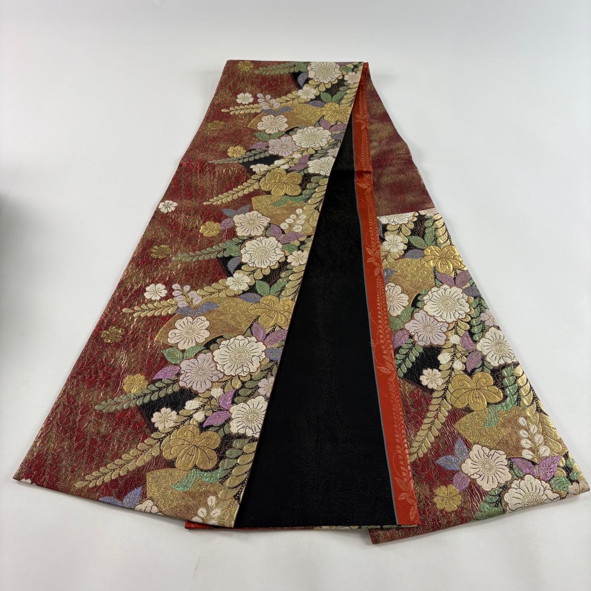 美品】 袋帯 秀品 辻が花柄 扇面 箔 金糸 茜色 六通 正絹｜中古・古着