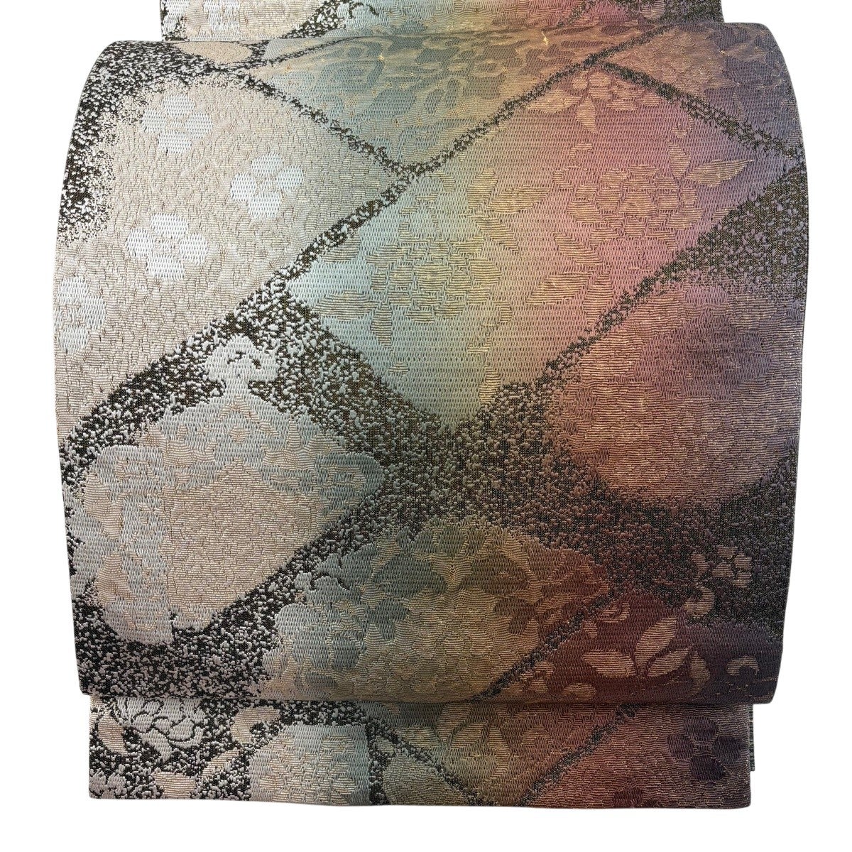 美品】 袋帯 秀品 落款あり 本泥染 花唐草 幾何学模様 箔 金糸 灰紫 六