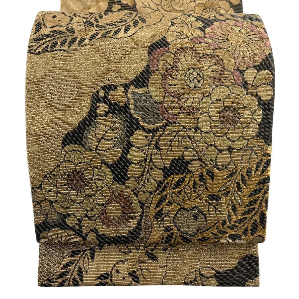 美品】 袋帯 名品 辻が花 格子 銀糸 箔 灰紫 お太鼓柄 正絹｜中古