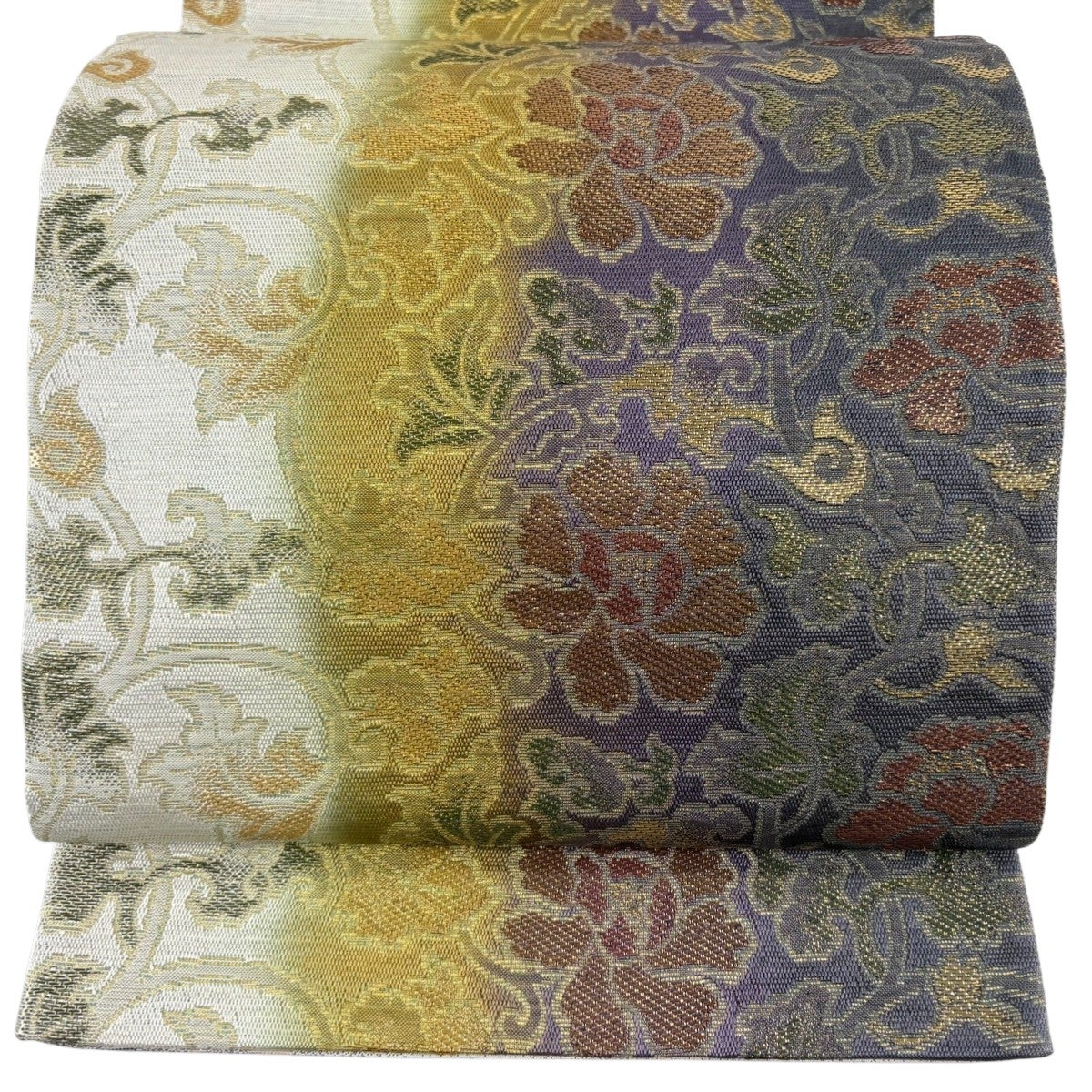 在庫一掃】 【美品】 袋帯 名品 花唐草 箔 金糸＋ 濃紫 六通 正絹