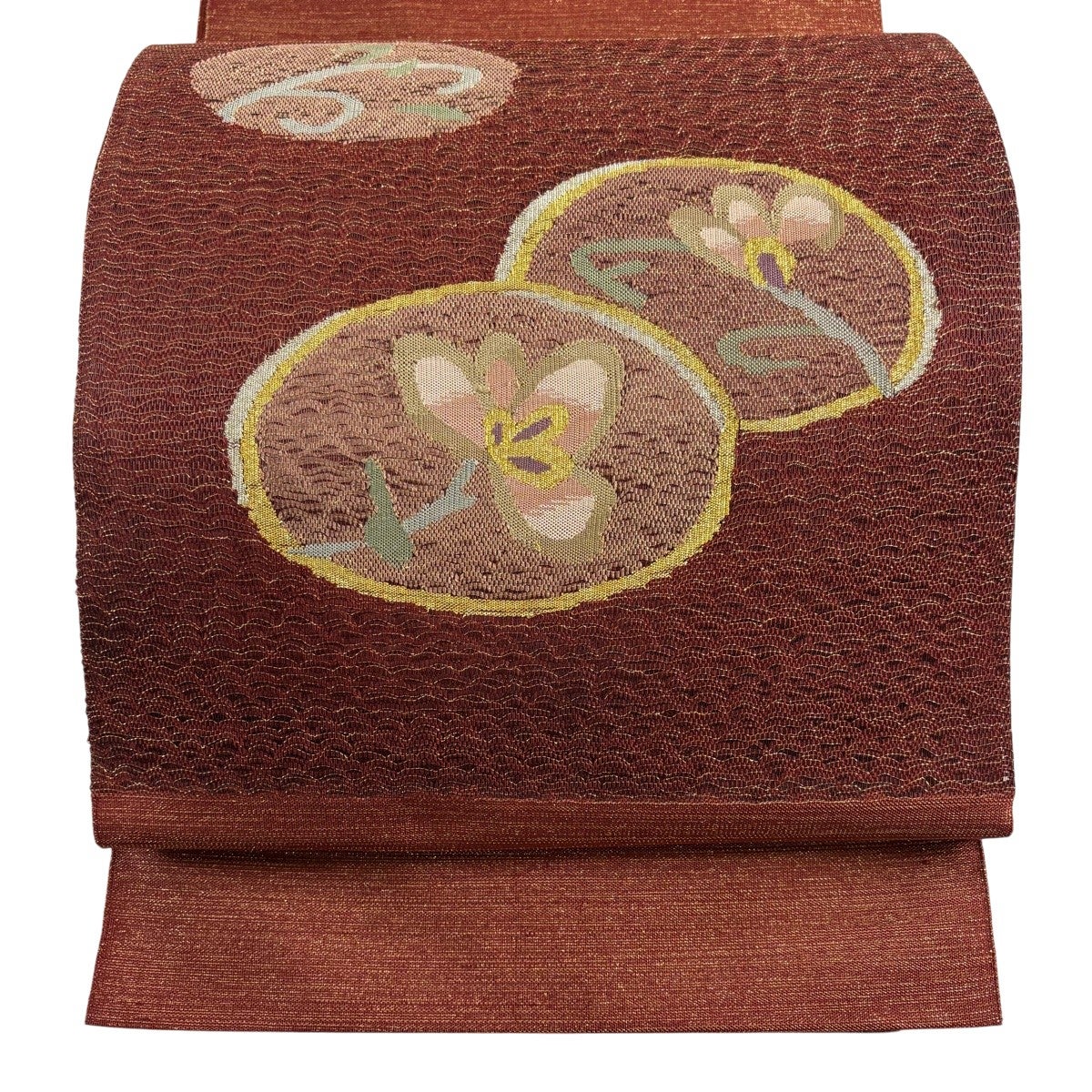 ユ26未着用名古屋帯 松葉 単帯　絽　桜　ベージュ　着物帯　仕立て上り美品 美品】 名古屋帯 優品 八寸名古屋帯 松葉仕立て 草花 金銀糸 茶色 正絹
