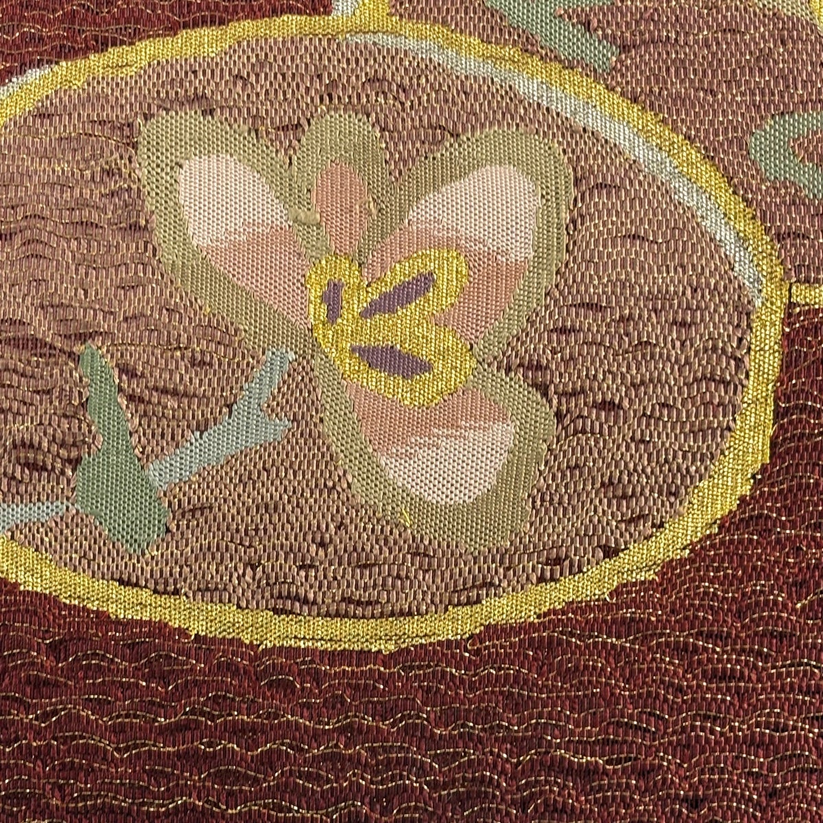 美品】 名古屋帯 優品 八寸名古屋帯 松葉仕立て 草花 金銀糸 茶色 正絹