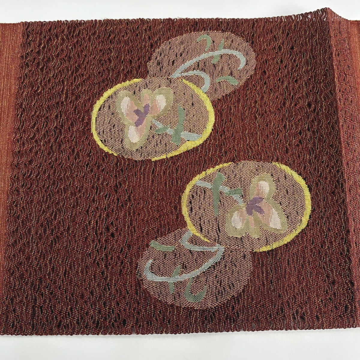 美品】 名古屋帯 優品 八寸名古屋帯 松葉仕立て 草花 金銀糸 茶色 正絹