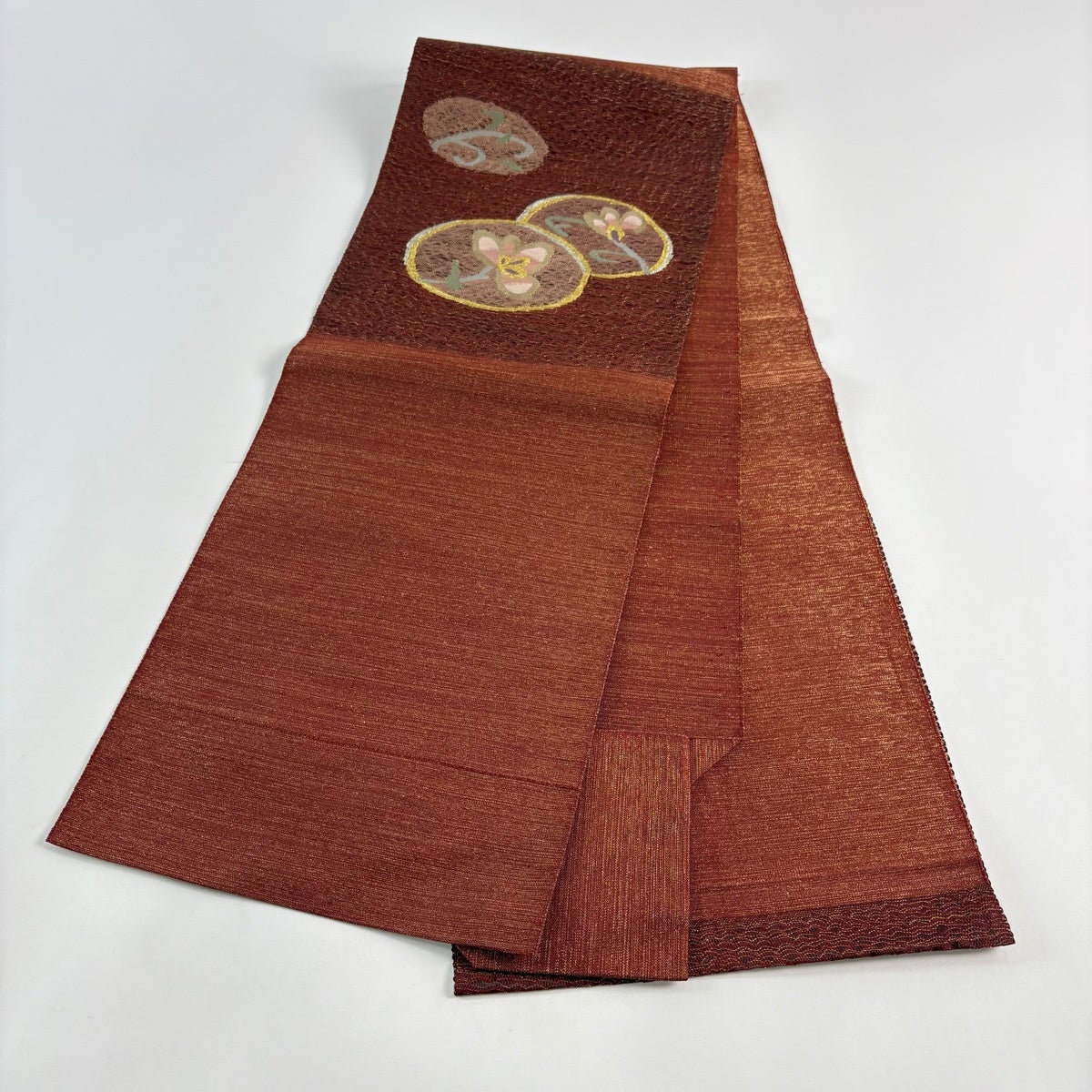 美品】 名古屋帯 優品 八寸名古屋帯 松葉仕立て 草花 金銀糸 茶色 正絹