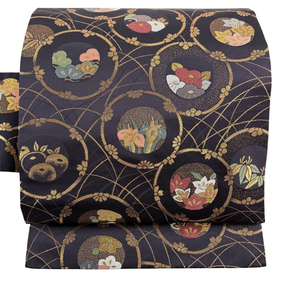 409mn28◇変わり花菱 変わり格子金糸 銀糸 名古屋帯◇美品 美品】 名古屋帯 優品 松竹梅 草花 金銀糸 箔 黒 正絹｜中古・古着