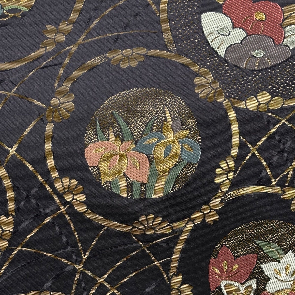名古屋帯　唐織　松竹梅　菊花模様　金糸　着物　093a u 美品】 名古屋帯 優品 松竹梅 草花 金銀糸 箔 黒 正絹｜中古・古着