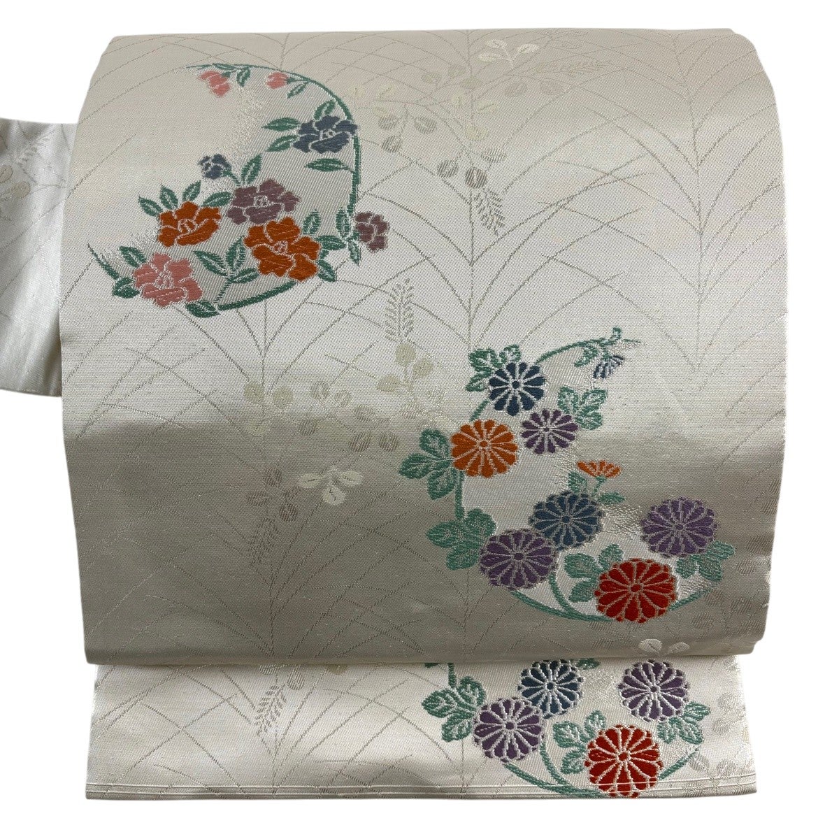 【フルセット】訪問着→総刺繍　流水花文　銀彩　正絹逸品　帯→草花 椿 金銀糸 箔 名古屋帯 優品 関西仕立て 花丸文 秋草 箔 銀色 正絹｜中古・古着