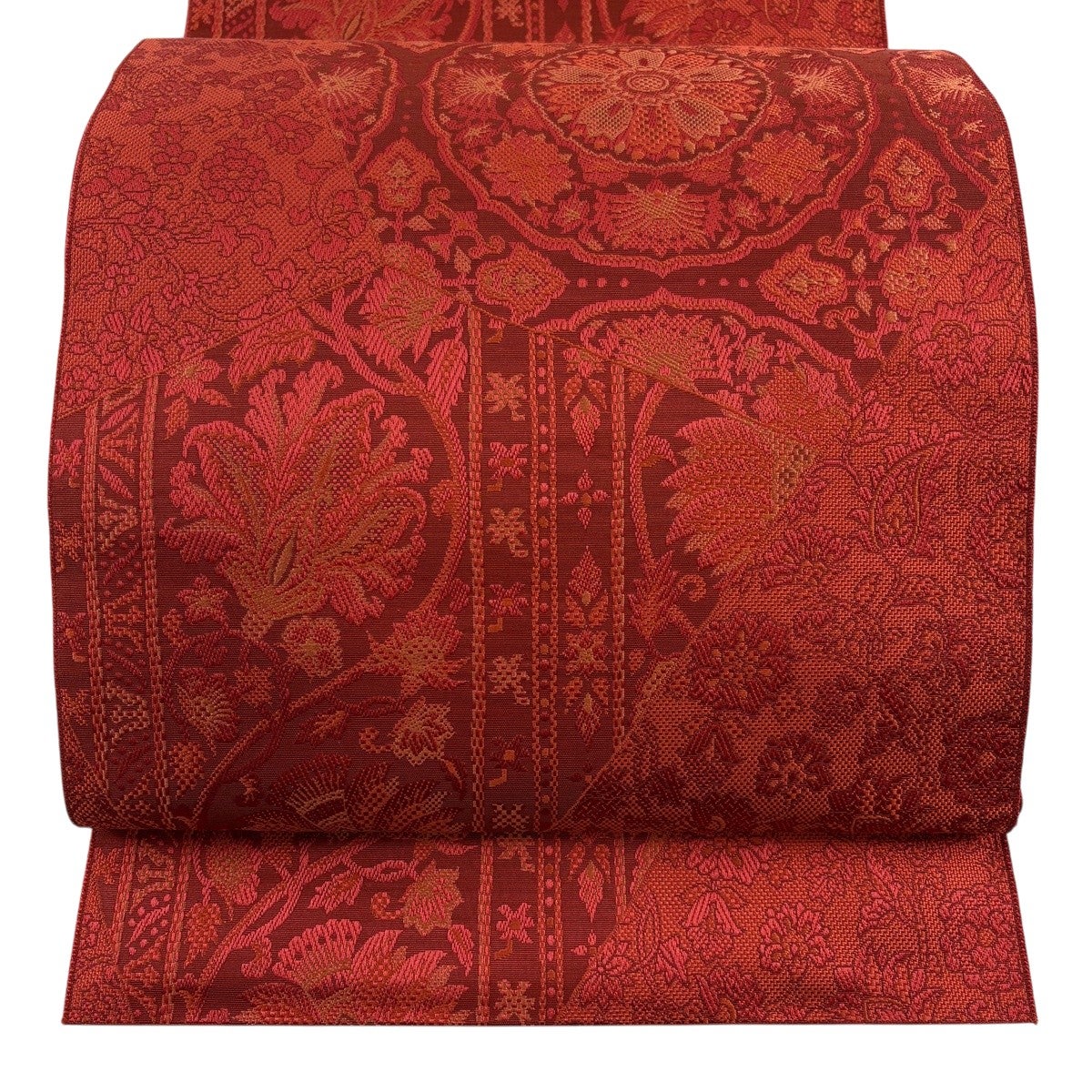 美品】 名古屋帯 優品 八寸名古屋帯 松葉仕立て 華文 花唐草 茜色 正絹