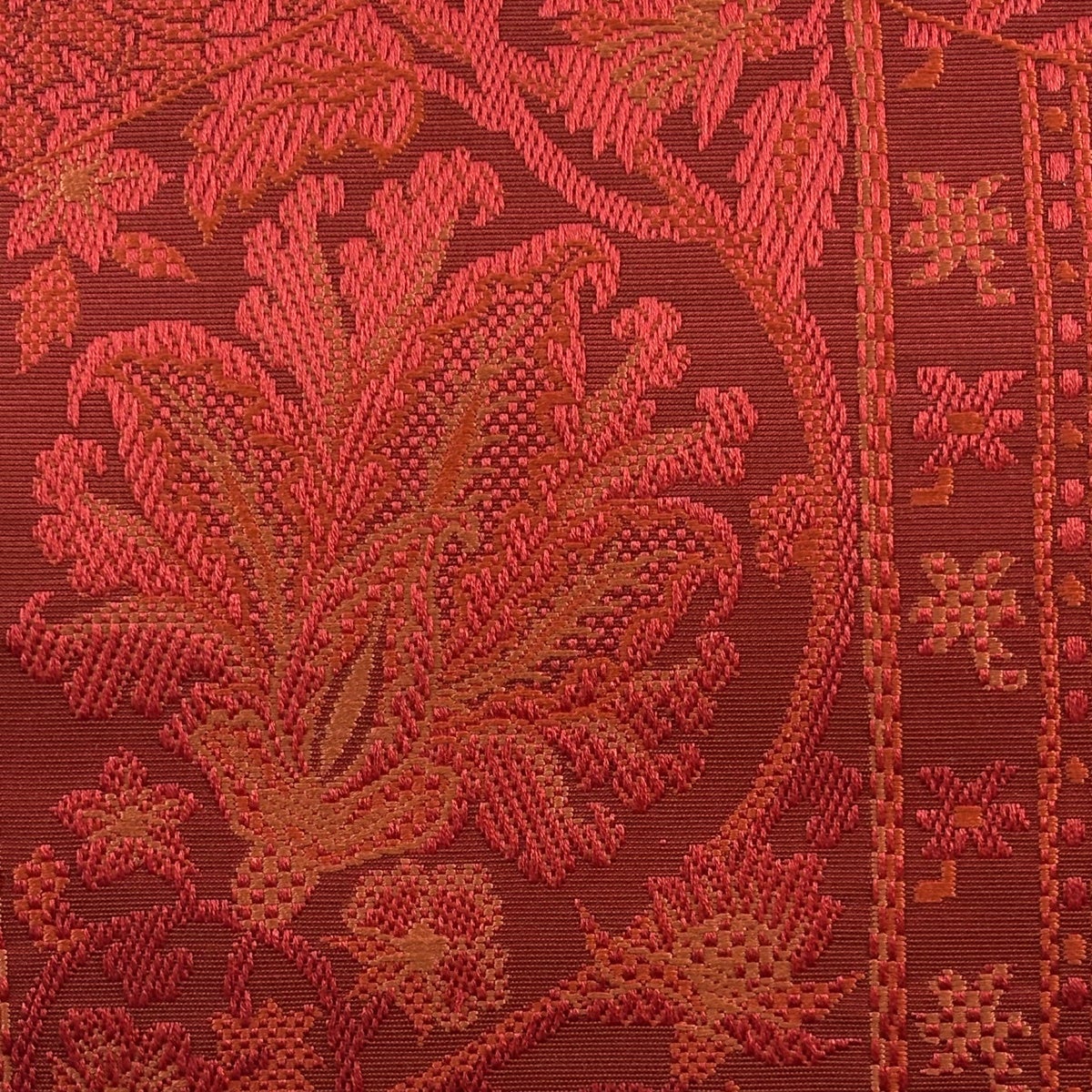美品】 名古屋帯 優品 八寸名古屋帯 松葉仕立て 華文 花唐草 茜色 正絹