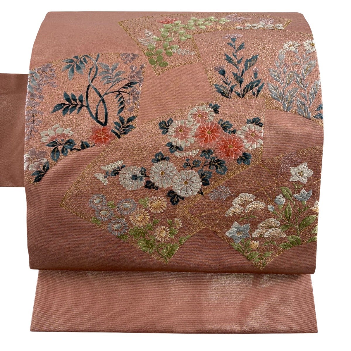 名古屋帯 優品 扇面 菊 金糸 箔 ピンクベージュ 正絹｜中古・古着