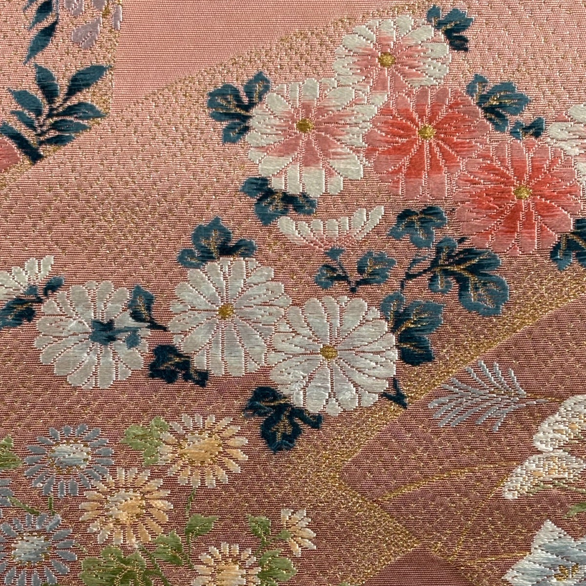 名古屋帯 優品 扇面 菊 金糸 箔 ピンクベージュ 正絹｜中古・古着