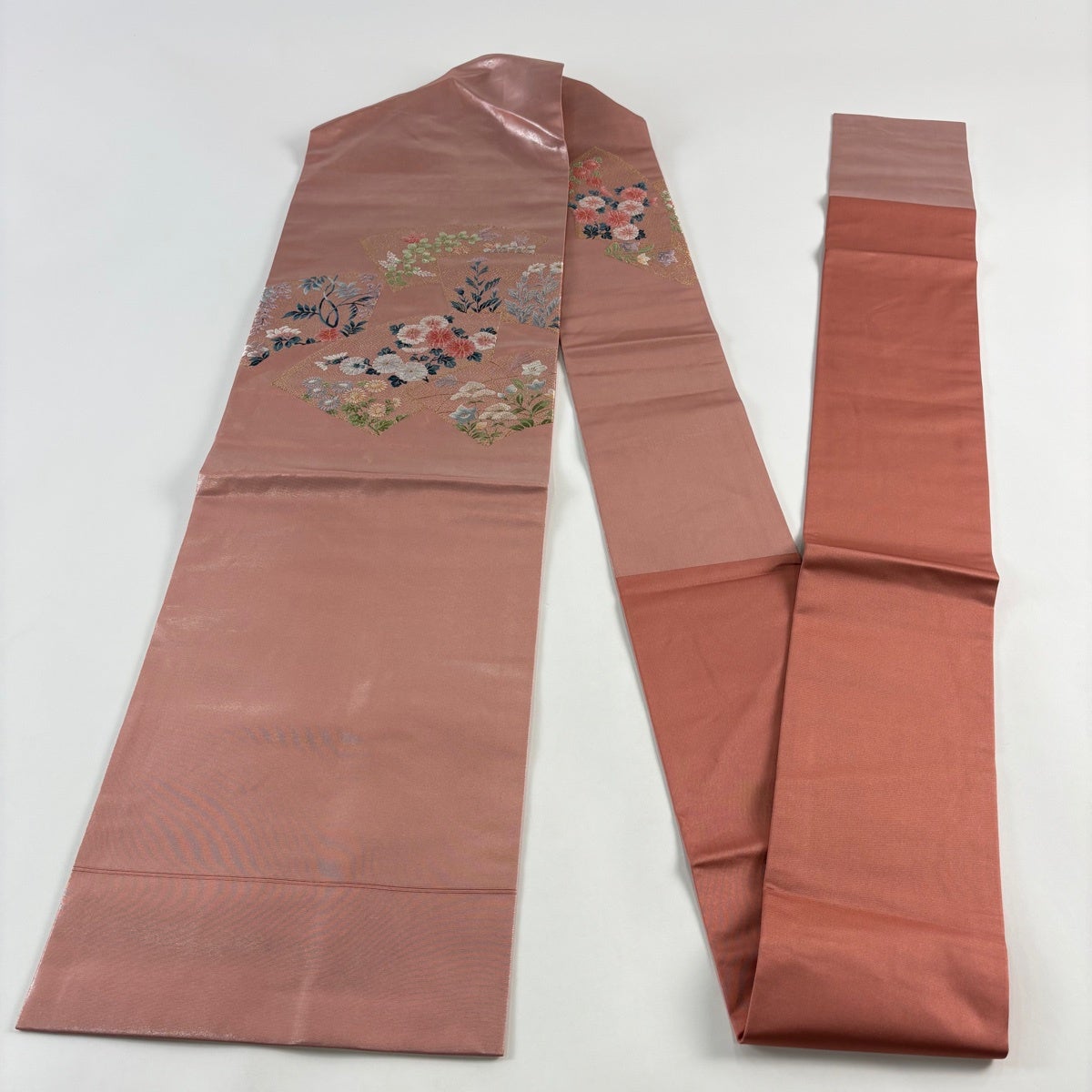 名古屋帯 優品 扇面 菊 金糸 箔 ピンクベージュ 正絹｜中古・古着