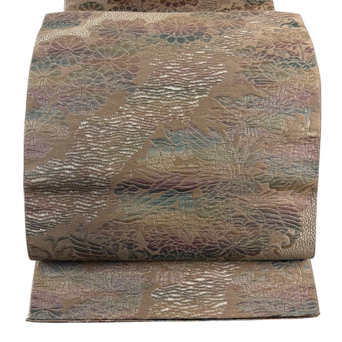 美品】 名古屋帯 優品 八寸名古屋帯 トンネル仕立て 菊 鳳凰 箔 灰茶