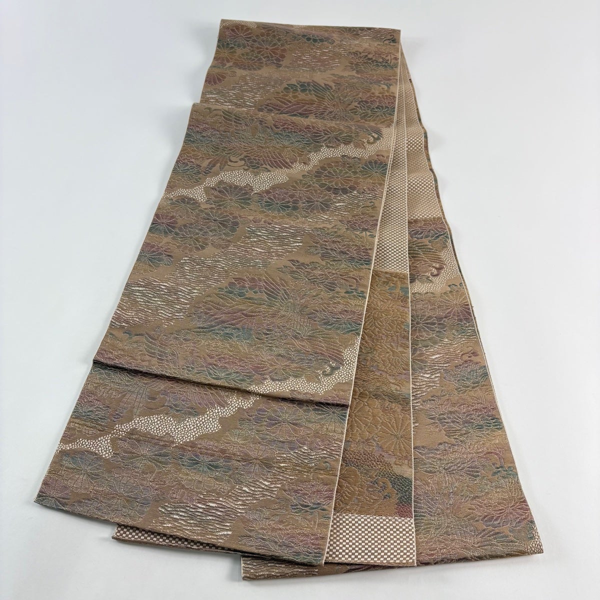 美品】 名古屋帯 優品 八寸名古屋帯 トンネル仕立て 菊 鳳凰 箔 灰茶