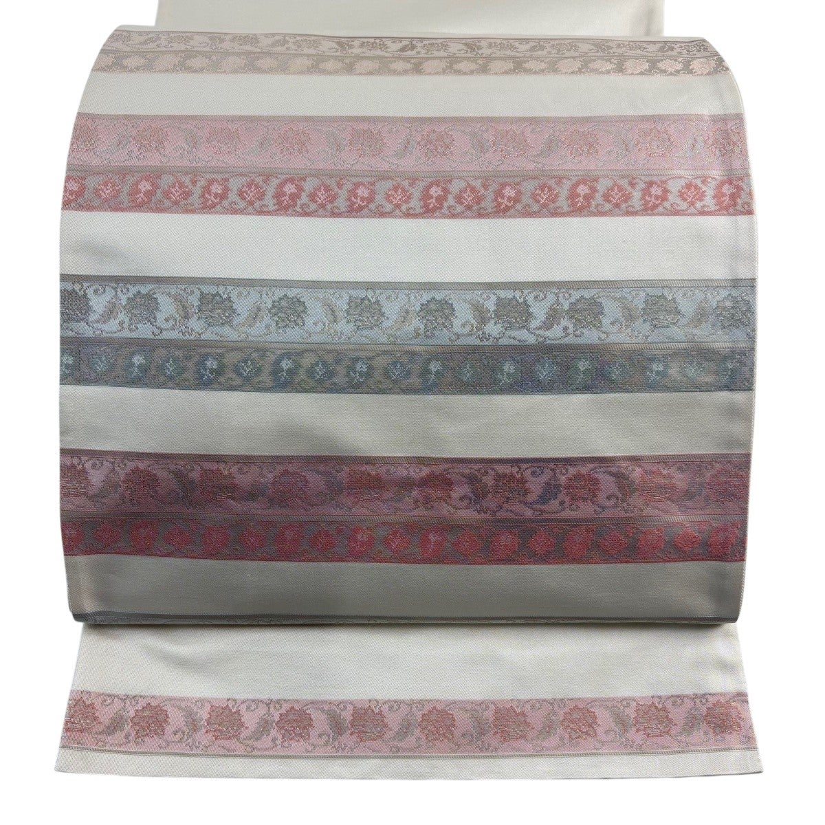 美品 名古屋帯 優品 蓮根 花 金銀彩 ベージュ 正絹 中古 袋名古屋帯 優品