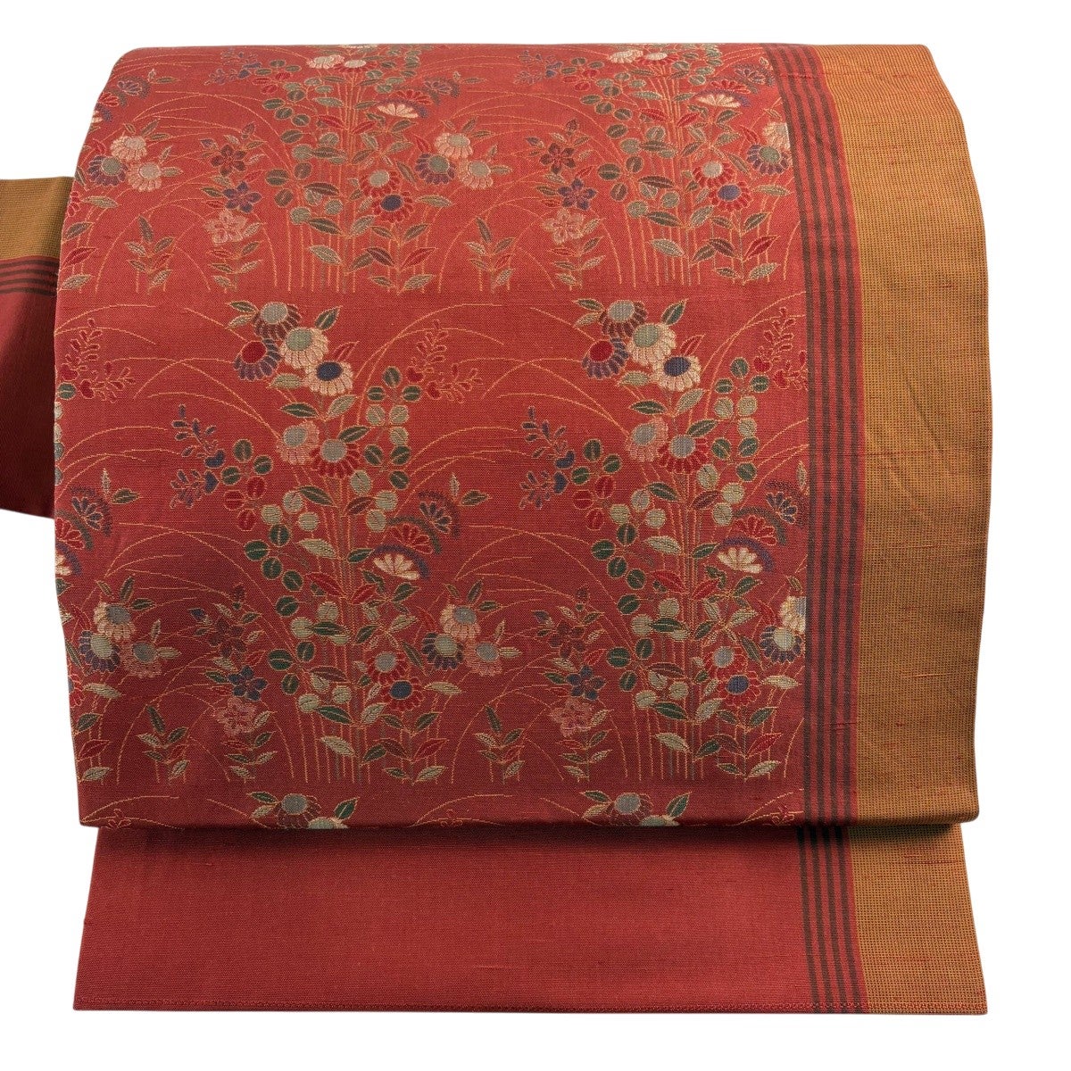 名古屋帯 優品 紬地 関西仕立て 草花 茜色 正絹｜中古・古着