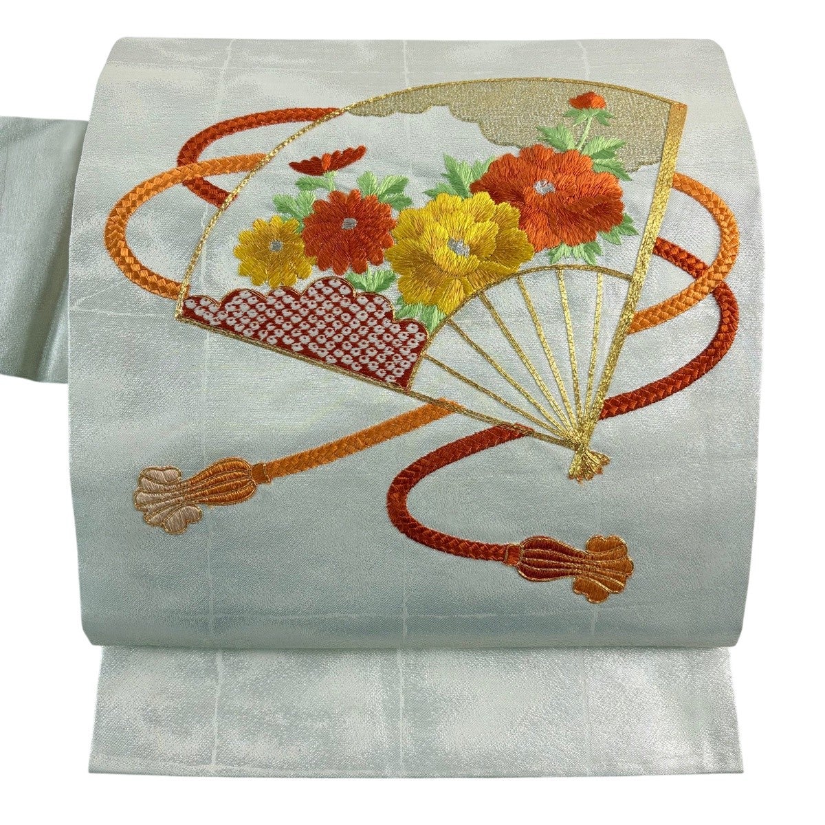 美品】 名古屋帯 優品 扇 牡丹 金銀糸 箔 銀色 正絹｜中古・古着