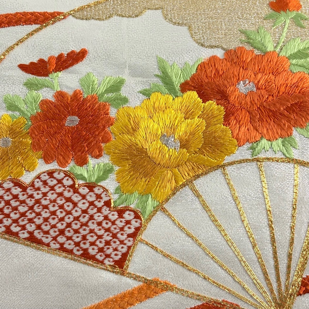 美品】 名古屋帯 優品 扇 牡丹 金銀糸 箔 銀色 正絹｜中古・古着