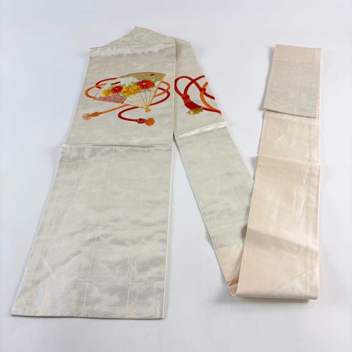 美品】 名古屋帯 優品 扇 牡丹 金銀糸 箔 銀色 正絹｜中古・古着