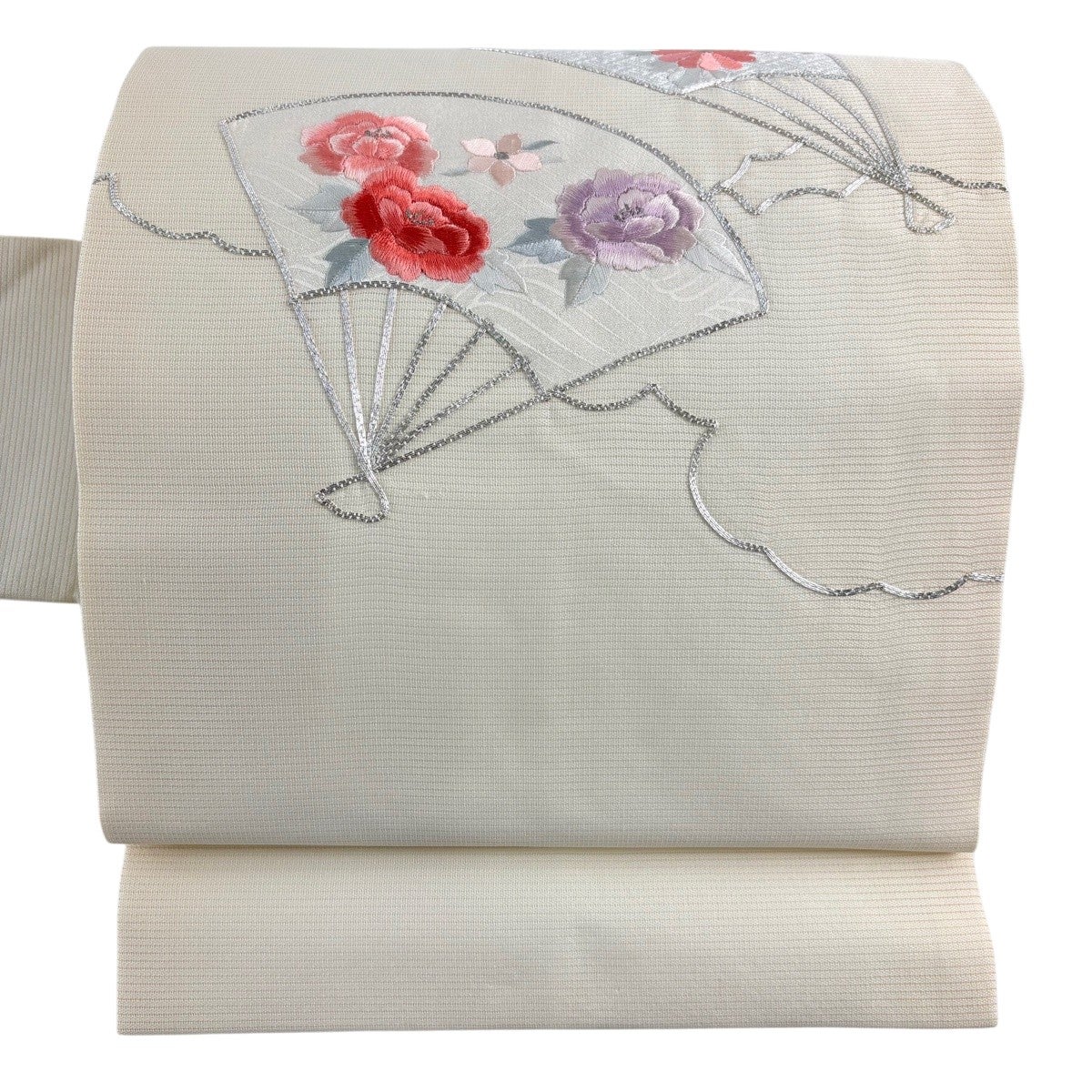 名古屋帯 優品 夏帯 絽 扇 草花 銀糸 箔 ベージュ 正絹｜中古・古着