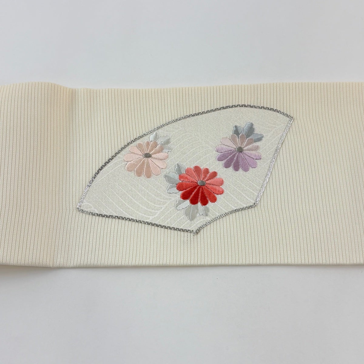 名古屋帯 優品 夏帯 絽 扇 草花 銀糸 箔 ベージュ 正絹｜中古・古着