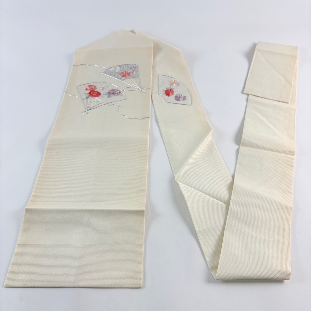名古屋帯 優品 夏帯 絽 扇 草花 銀糸 箔 ベージュ 正絹｜中古・古着