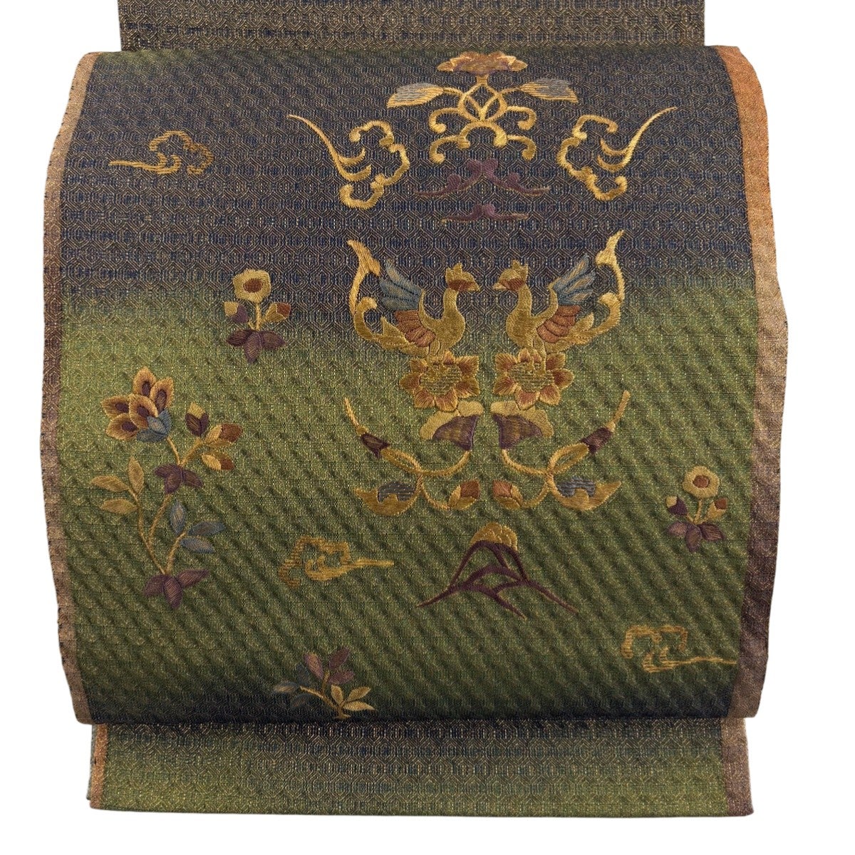 袋帯 秀品 向かい鳥 花唐草 金糸 箔 小豆色 お太鼓柄 正絹|中古 袋帯 秀品 向かい鳥 花唐草 金糸 箔 小豆色 お太鼓柄 正絹|中古