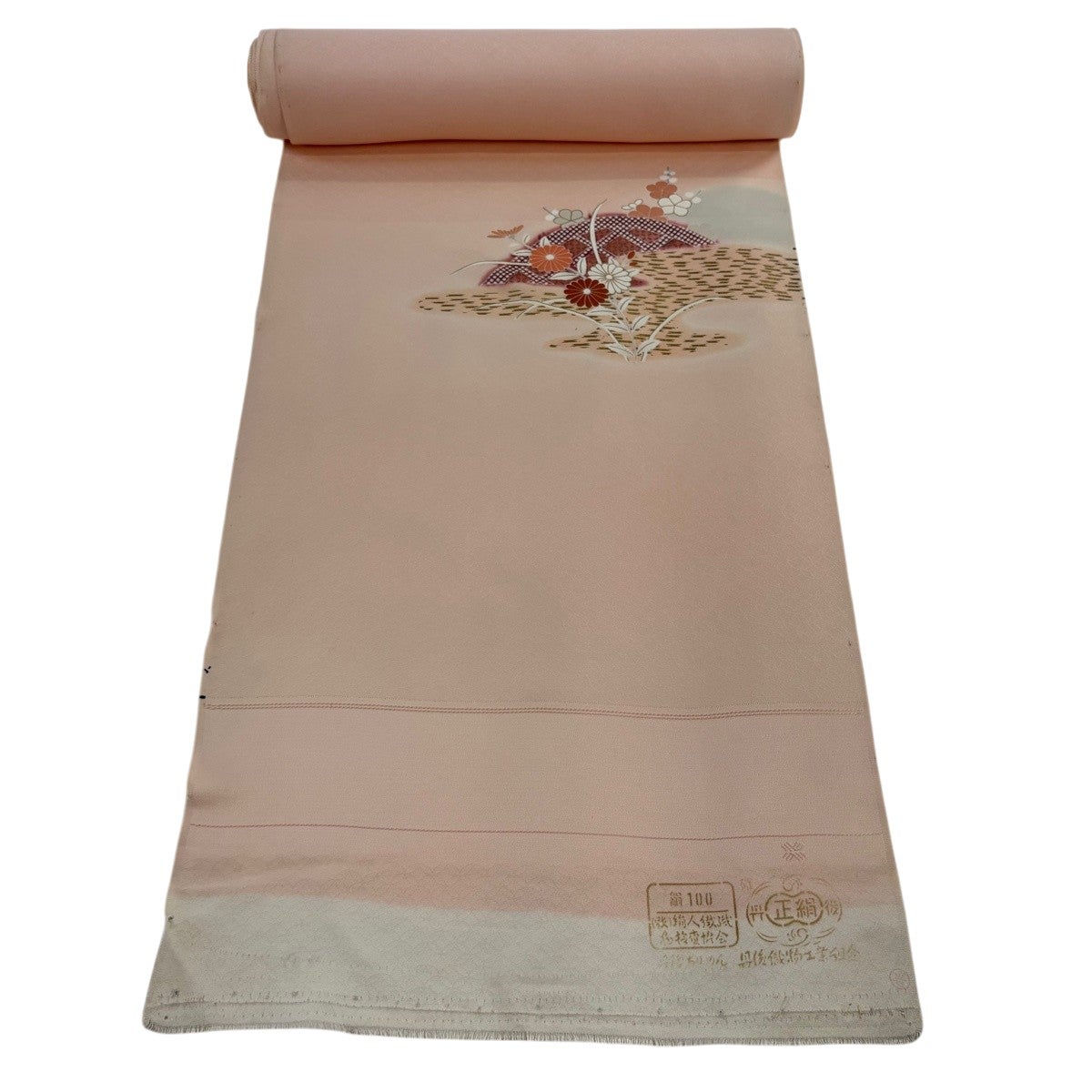 反物 秀品 付下げ 扇 花鳥 金銀彩 サーモンピンク 正絹｜中古・古着