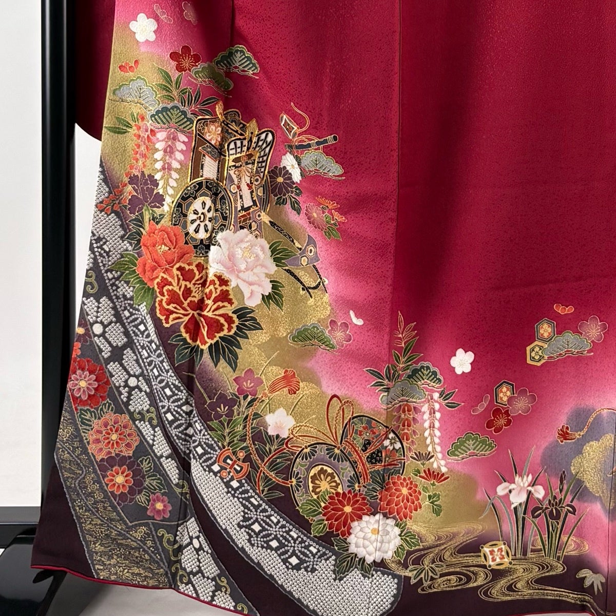 振袖 身丈167cm 裄丈68cm L 袷 袋帯フルセット 御所車 鼓 金糸 金彩
