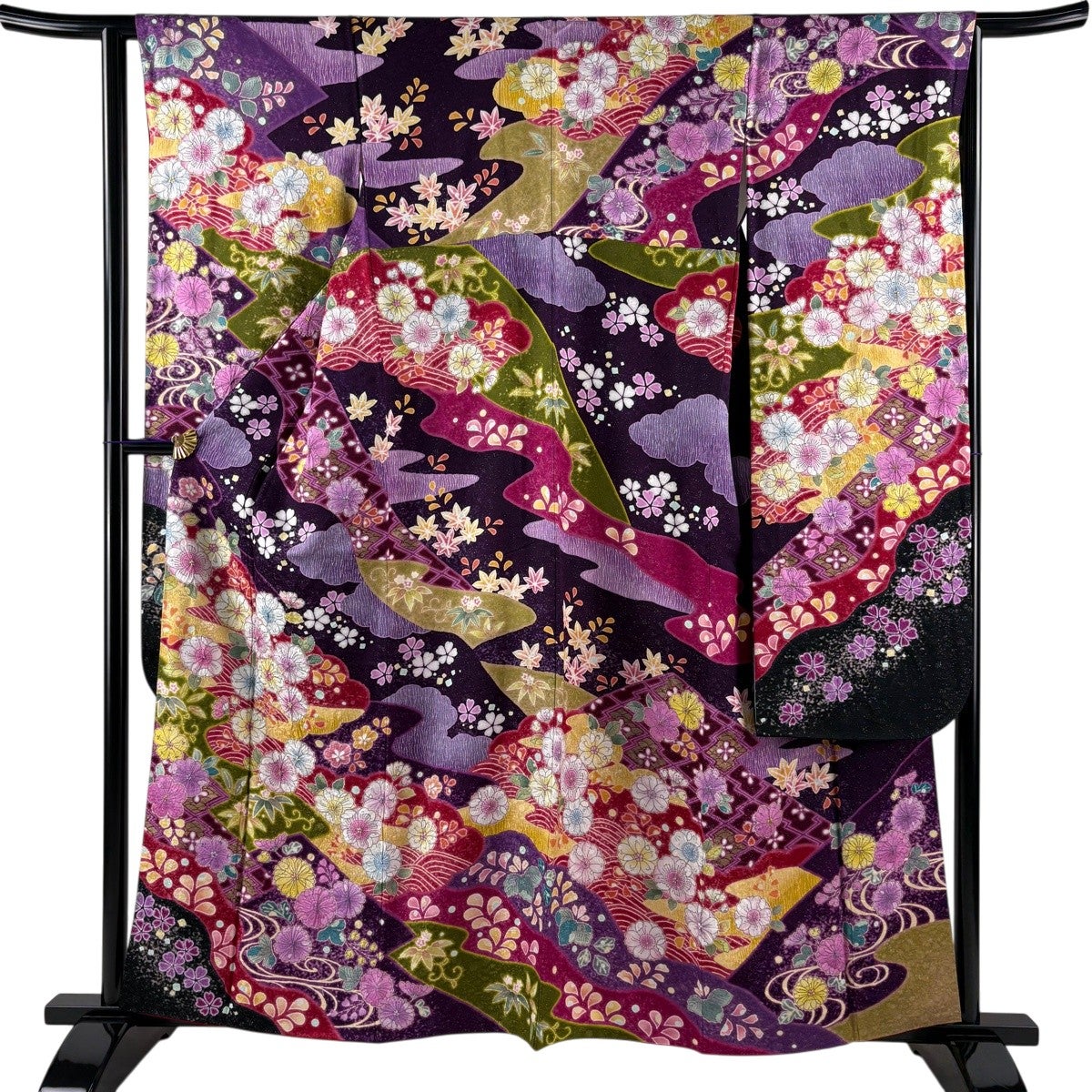 美品】振袖 身丈158.5cm 裄丈63cm S 袷 草花 雲文 銀通し 絞り 紫 正絹
