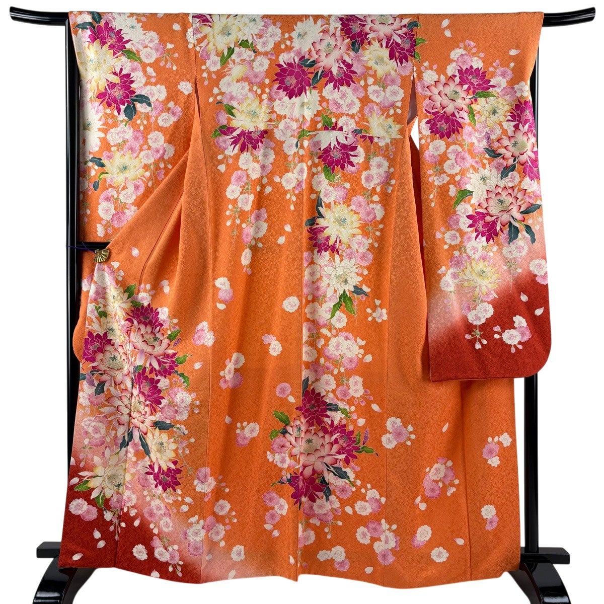 美品】 振袖 身丈165cm 裄丈66cm M 袷 草花 桜 金通し 金彩 オレンジ