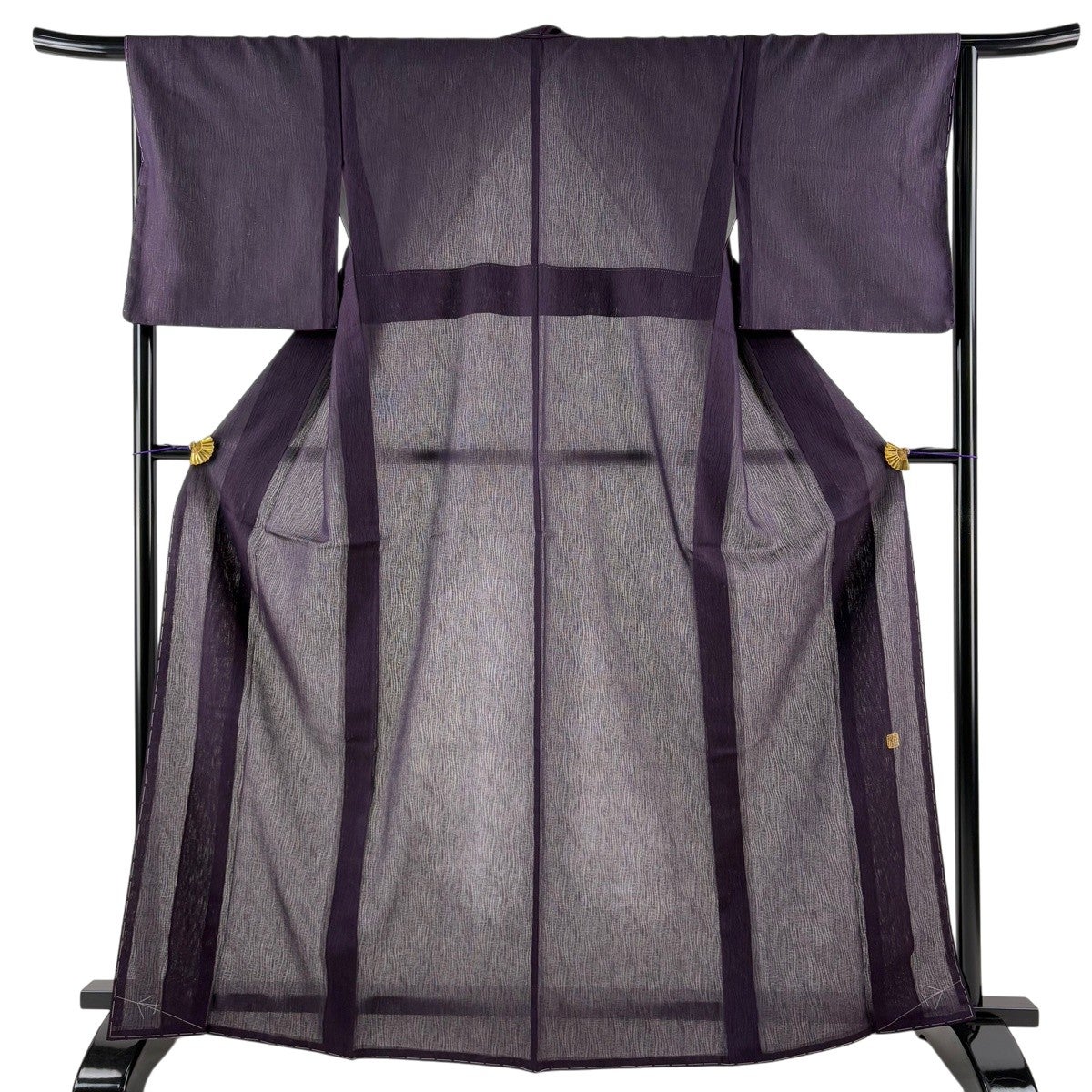 美品】 小紋 身丈165.5cm 裄丈66.5cm M 紗絽袷 落款あり よろけ縞 濃紫
