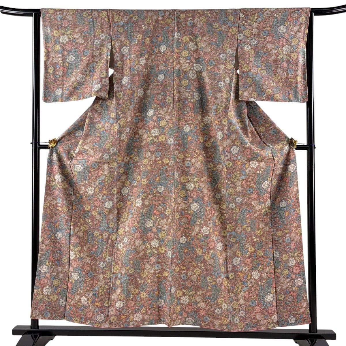 美品】 小紋 身丈155cm 裄丈64cm M 袷 辻が花柄 薄小豆 正絹 優品
