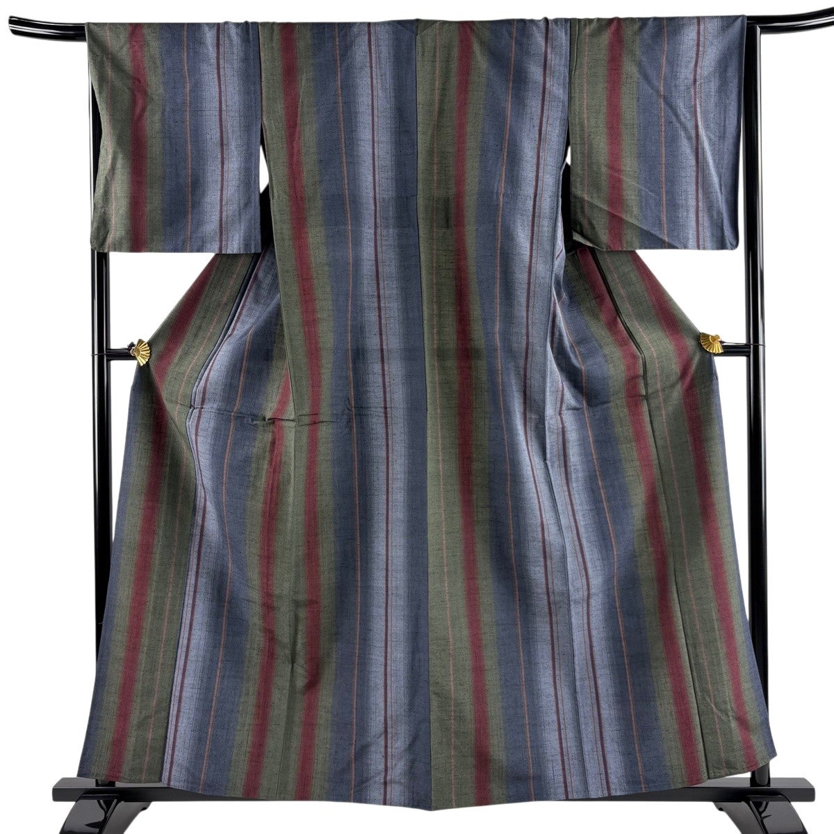 美品】 紬 身丈159cm 裄丈66.5cm M 単衣 証紙あり 縦縞 青灰色 正絹