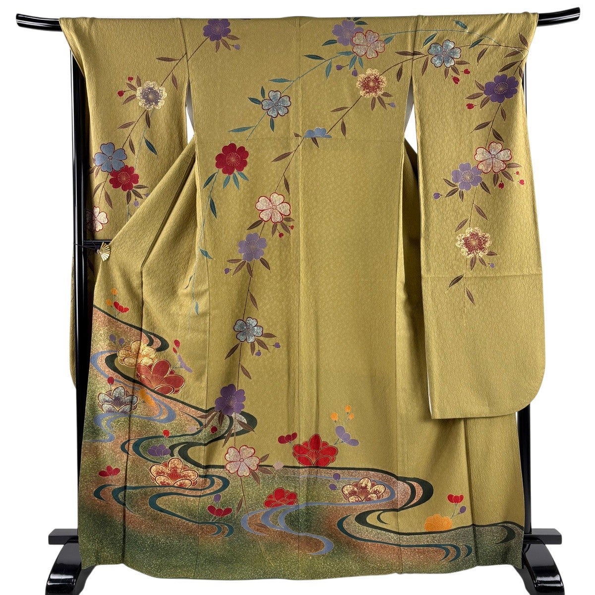 振袖 身丈160cm 裄丈67.5cm L 袷 花車 流水 金糸 金彩 山吹色 正絹 秀