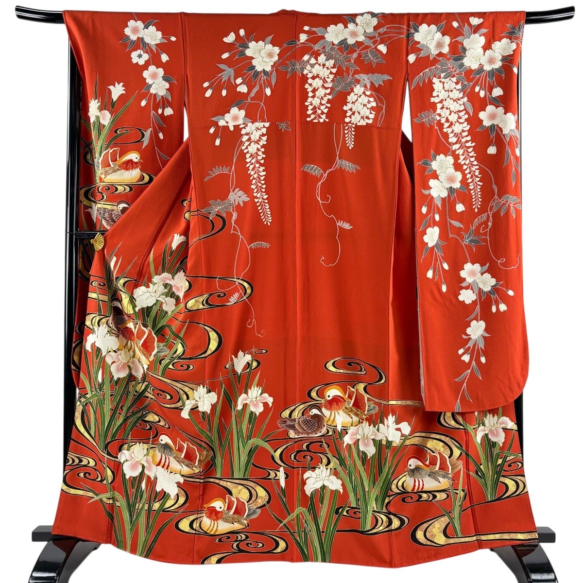 振袖 身丈164cm 裄丈68cm L 袷 鴛鴦 菖蒲 金彩 オレンジ 正絹 名品